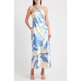 Ciebon Runie Floral Satin Halter Dress in Blue at Nordstrom Rack, Size X-Small