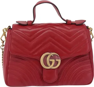 Gucci Gg Marmont Top Handle Matelasse Leather Red Leather Handbag (Pre-Owned)