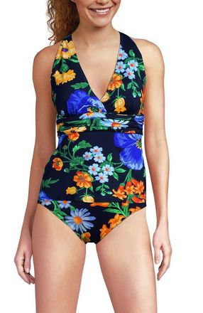 Lands End Chlorine Resistant Plunge X-Back Tankini Swimsuit Top in Navy/exploded Poppy Floral at Nordstrom, Size X-Large