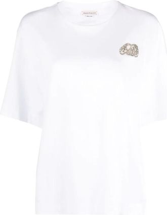 Alexander McQueen AMQ Seal Logo Kristal Geborduurd T-shirt - Dames - T-shirts - Wit - XS - Katoen - Tops