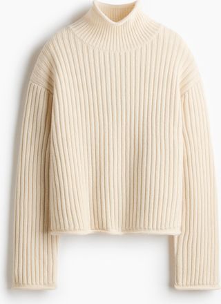 H&M Gerippter Wollpullover - White