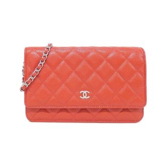 Chanel Red Color Grained Calfskin Chain/Shoulder Wallet (Pre-Owned)