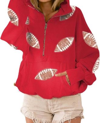 Bibi Football Sequin Patches Half Zip Hoodie In Red