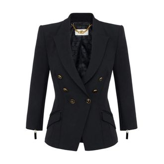 Elisabetta Franchi Blazers, female, Black, Size: M Black Double-Breasted Jacket Gold Buttons