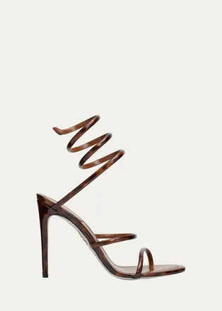 Rene Caovilla 105mm Cleo Tortoiseshell Patent Leather Snake-Wrap Sandals
