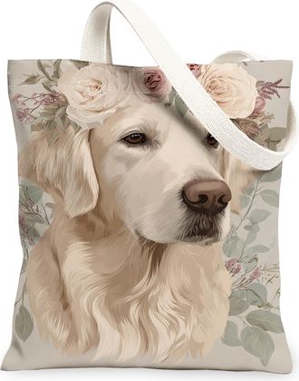 Generic Floral Dog Canvas Tote Bags, Vintage Animal Print Reusable Grocery Bags, Lightweight Washable Shoulder Strap Canvas for Tra, Beige, 13x15 Inch
