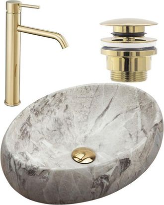 Rea Set Lavabo Sobre Encimera Linda Stone + Grifo De Ba&ntilde;o Lungo Gold + Tap&oacute;n Gold
