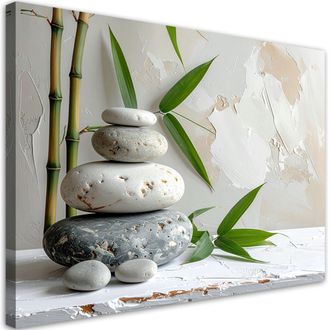Feeby Cuadro En Lienzo, Piedras Zen Spa Hojas De Bamb&uacute; En Beige, 120x80