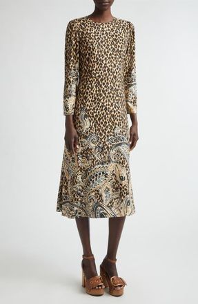 Etro Mixed Print Long Sleeve Midi Dress in Beige at Nordstrom, Size 42