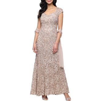 Alex Evenings Soutache Mermaid Gown with Shawl in Champagne at Nordstrom, Size 12P