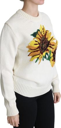Dolce & Gabbana Womens White Floral Wool Pullover Sunflower Sweater Virgin Cashmere Clothing