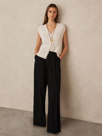 Reiss Black Petite Elasticated-waist Wide-leg Twill Trousers, 14