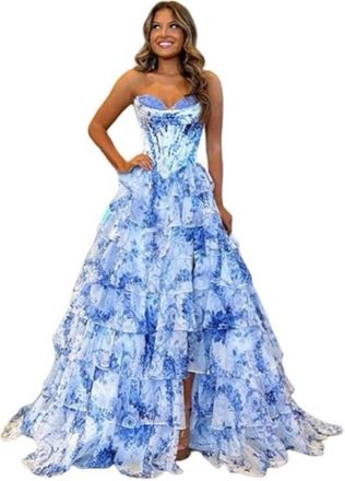Generic Corset Floral Tiered Prom Dresses for Women, Strapless Long Ruffle Formal Evening Gowns with Slit Long Evening Gown (Blue,M)