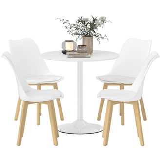 HOMCOM Dining Table Set with 4 PU Padded Chairs - Solid Wood Legs - White | TJ Hughes
