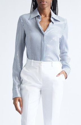 Michael Kors Hansen Sequin Embellished Stripe Silk Button-Up Shirt in Steel/Optic White at Nordstrom, Size 10