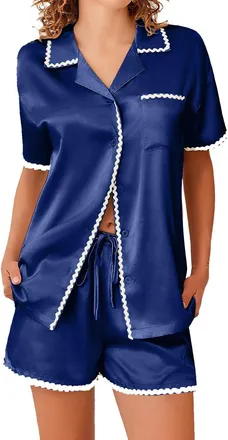 Generic Women Satin Silk Pyjamas Set 2PC Soft Comfortable Short Sleeve Lapel Button up Shirts and Shorts Loungewear Sets Lightweight Fashion Sleepwear Nightgo