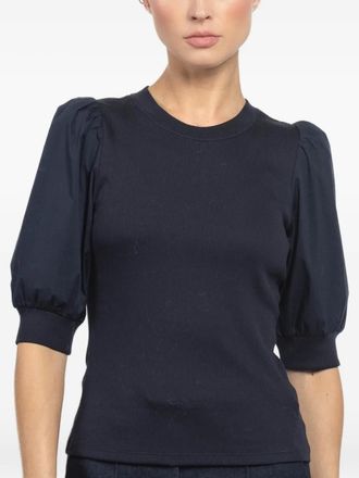 Veronica Beard Coralee puff-sleeve ribbed top - women - Cotton/Elastane - L - Blue