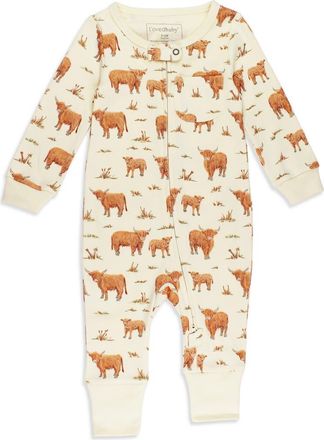LOvedbaby Print Organic Cotton Zip Romper in Highland Cow at Nordstrom, Size 18-24M