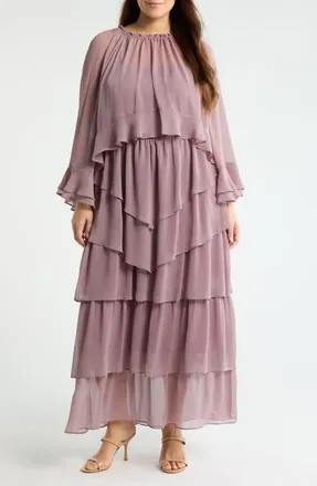 Chelsea28 Tiered Ruffle Chiffon Cape Dress in Mauve at Nordstrom, Size 2X