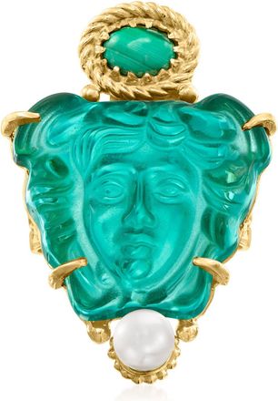 Ross-Simons Italian Tagliamonte Green Venetian Glass, Malachite and 5-5.5mm Cultured Pearl Medusa Ring in 18kt Gold Over Sterling