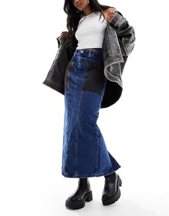 River Island patchwork denim maxi skirt in blue