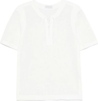 Dries Van Noten Tops, Heren, Wit, L, Lace-Up Trui met Korte Mouwen