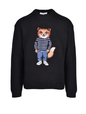 Maison Kitsun&eacute; Black Fox Motif Wool-Blend Crewneck Sweater