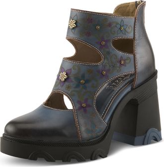 L'Artiste by Spring Step LArtiste CAPSULE Hand-Painted Cutout Boot - Leather Platform Ankle Boot with Sculpted Block Heel, Blue Multi, 9.5-10