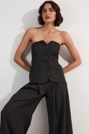 Karen Millen Womens Pinstripe Bandeau Corserted Tailored Wide Leg Jumpsuit - Black Lyocell - Size 6 UK