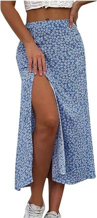 Generic Summer Skirts for Women UK Sale Clearance Ladies Floral Print Split Midi Long Length Skirt Casual Swing Flowy Skirt Beach Party Vacation Full Length S