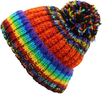 Loud Elephant Hand Knitted Wool Beanie Bobble Hat - SD Black Rainbow Orange