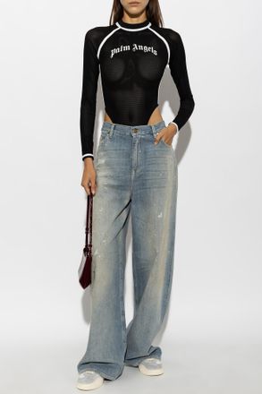 Palm Angels Bodysuit With Printed Logo, Womens, Black