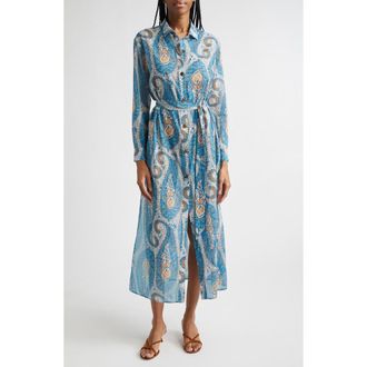 Etro Paisley Print Belted Long Sleeve Cotton Shirtdress in Print On White Base at Nordstrom, Size X-Large