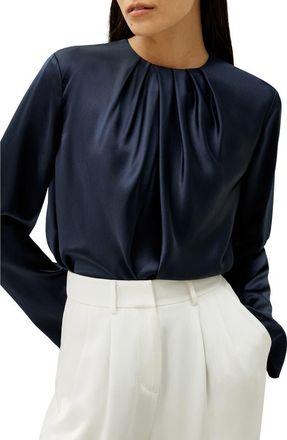 LilySilk Silk Ruched-Neck Top in Navy Blue at Nordstrom, Size Medium