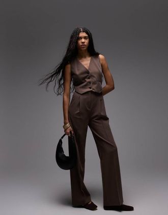 Mango high neck belted jumpsuit in brown