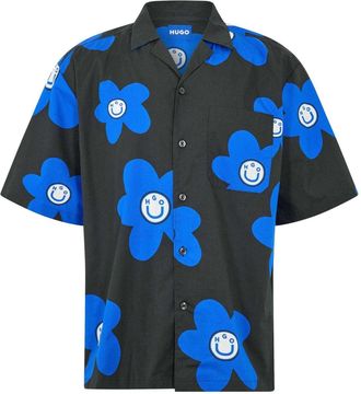 HUGO BOSS Hugo Heren Bloemen Shirt Met Korte Mouwen (Zwart)