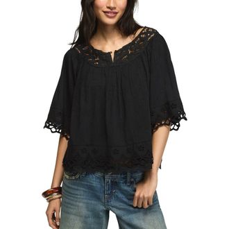 Lucky Brand Battenburg Lace Embroidered Top in Caviar at Nordstrom, Size X-Large