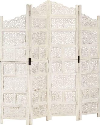 vidaXL Biombo 4 Paneles Tallado A Mano Madera Mango Blanco 160x165 Cm Vidaxl