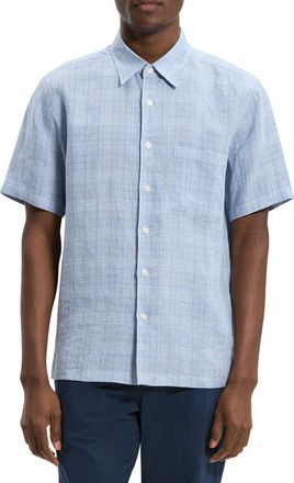 Theory Irving Plaid Short Sleeve Linen Button-Up Shirt in Crisp Blue Multi - 2Rp at Nordstrom, Size Xx-Large
