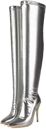 Generic Silver,9.5 UK,Womens Thigh High Boots Over The Knee Stiletto Heels Long Pointed Toe Boots Patent Leather PU Side Zipper Party Dating Dress Shoes