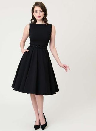 Unique Vintage Long Sleeve Belted Devon Swing Dress in Black Solid at Nordstrom, Size X-Large
