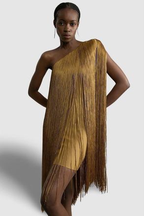 Karen Millen Asymmetric Draped Fringe Mini Dress in Chartreuse at Nordstrom, Size Medium