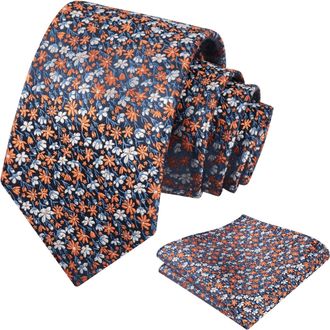 Alizeal Mens 8cm Floral Necktie and Pocket Square Small Flower Colorful Wedding Party Tie Set, Navy+Orange+white