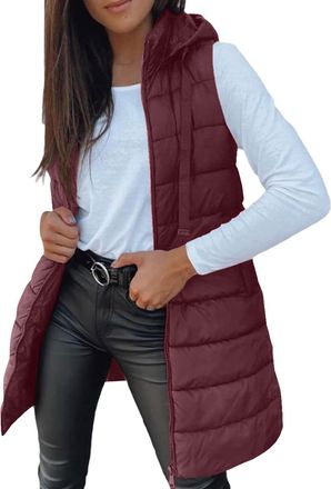 Generic Quilted Gilet for Women UK Ladies Longline Hooded Puffer Jackets Padded Sleeveless Warm Bodywarmers Vest Lightweight Cozy Waistcoat Zipper Transitiona