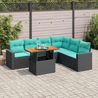 vidaXL Vidaxl Set De Sof&aacute;s De Jard&iacute;n 7 Pzas Con Cojines Rat&aacute;n Sint&eacute;tico Negro