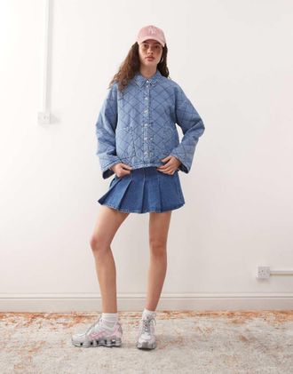 Noisy May quilted diamond denim jacket in light blue wash