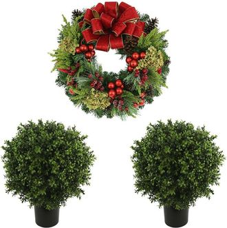 Creative Displays Inc. 26In Traditional Christmas Wreath & Set Of 2 Uv-Rated Boxwood Topiary Drop-Ins