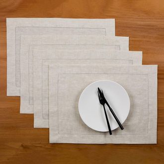 Solino Home Linen Placemats Set of 4, 14 x 19 Inch for Dining Table, Holiday and Everyday Table Decor - Classic Hemstitch in Light Natural at