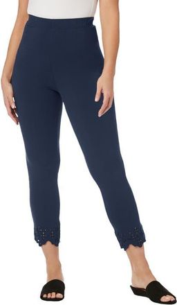 Jessica London Stretch Cotton Eyelet Capri Legging in Navy Floral Eyelet at Nordstrom, Size Medium