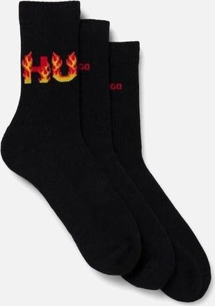 HUGO BOSS Mens 3-Pack Flames Logo Ribbed Sports Socks, Black - Black/Black - Size: 10/9.5/9/10.5/11/11.5/12/12.5
